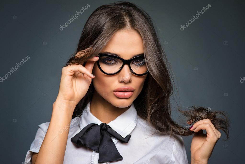 Beautiful Sexy Brunette Young Business Woman Wearing Diopter Glasses 