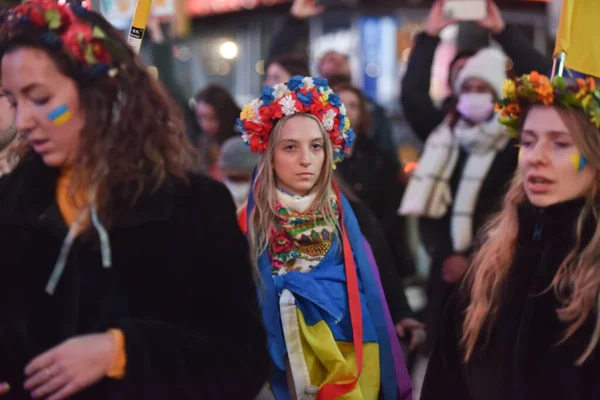 Nova Iorque Cidade Eua Março 2022 Cidadãos Ucranianos Protestam Times — Fotografia de Stock