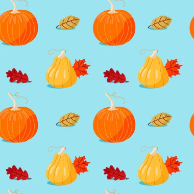 El çizimi balkabakları ve açık mavi arka planda sonbahar yaprakları olan hoş, pürüzsüz bir desen. Şükran Günü, Cadılar Bayramı, hediye ambalajı veya tekstil deseni.