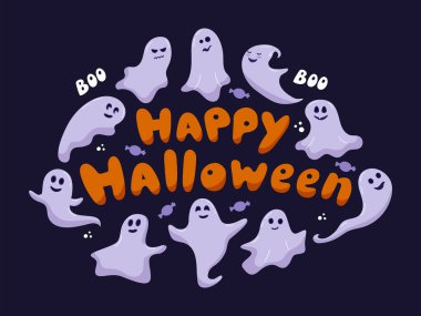 El yazısıyla çizilmiş Cadılar Bayramı tebrik kartın kutlu olsun. Metnin etrafında sevimli, neşeli hayaletler uçuşuyor. Mor arkaplanda farklı duyguları olan çocuksu vektör hayaletleri..