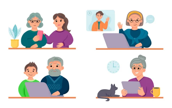 Set Senior Characters Gadgets White Background Old People Use Internet — Vettoriale Stock