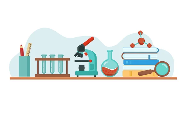 Equipo de laboratorio - vasos de precipitados, microscopio, frascos. Vector colorido dibujo animado estilo ilustración sobre fondo blanco. — Archivo Imágenes Vectoriales