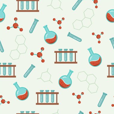 Kimya laboratuvarı ve bilimsel araştırmalar için kusursuz desen. Büyüteç, molekül, test tüpü. Vektör arkaplanı.