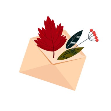 Güzel sonbahar yapraklı zarf. Beyaz arkaplanda vektör illüstrasyonu