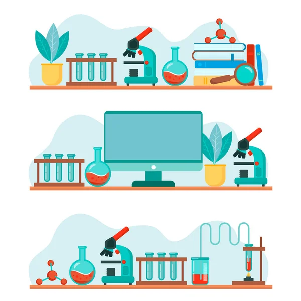 Laboratory Equipment Beakers Microscope Flasks Set Vector Colorful Cartoon Style — Stock Vector