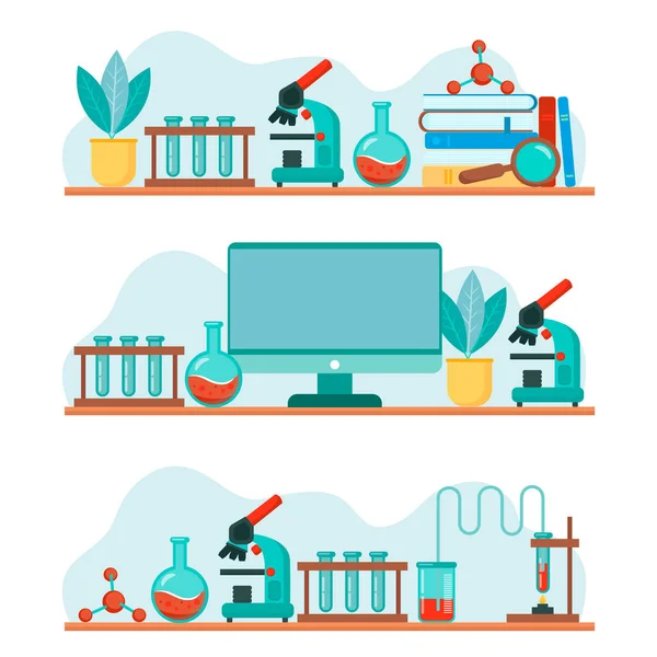 Лабораторне Обладнання Склянки Мікроскоп Колби Набір Векторних Барвистих Ілюстрацій Мультиплікаційного — стоковий вектор