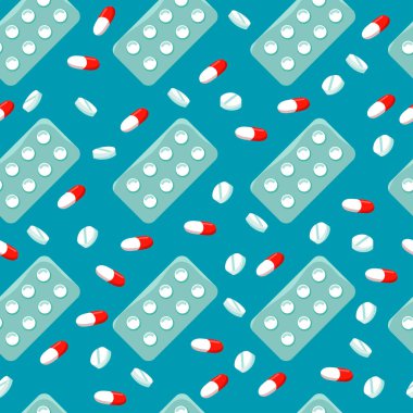 Medicines and pills on a blue background.Vector seamless pattern.