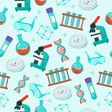 Chemical laboratory equipment. DNA research. Biotechnology research science vector seamless pattern.