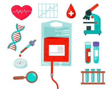Blood donation concept. Blood test or analysis. Clinical laboratory examination. Health care. Modern flat cartoon style. Vector illustration