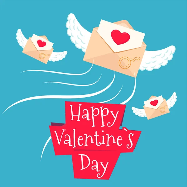 Feliz San Valentín banner día de fiesta. Ilustración vectorial con sobre, alas de ángel, corazones rojos. Composición festiva para el Día de San Valentín. Tarjeta festiva. — Archivo Imágenes Vectoriales