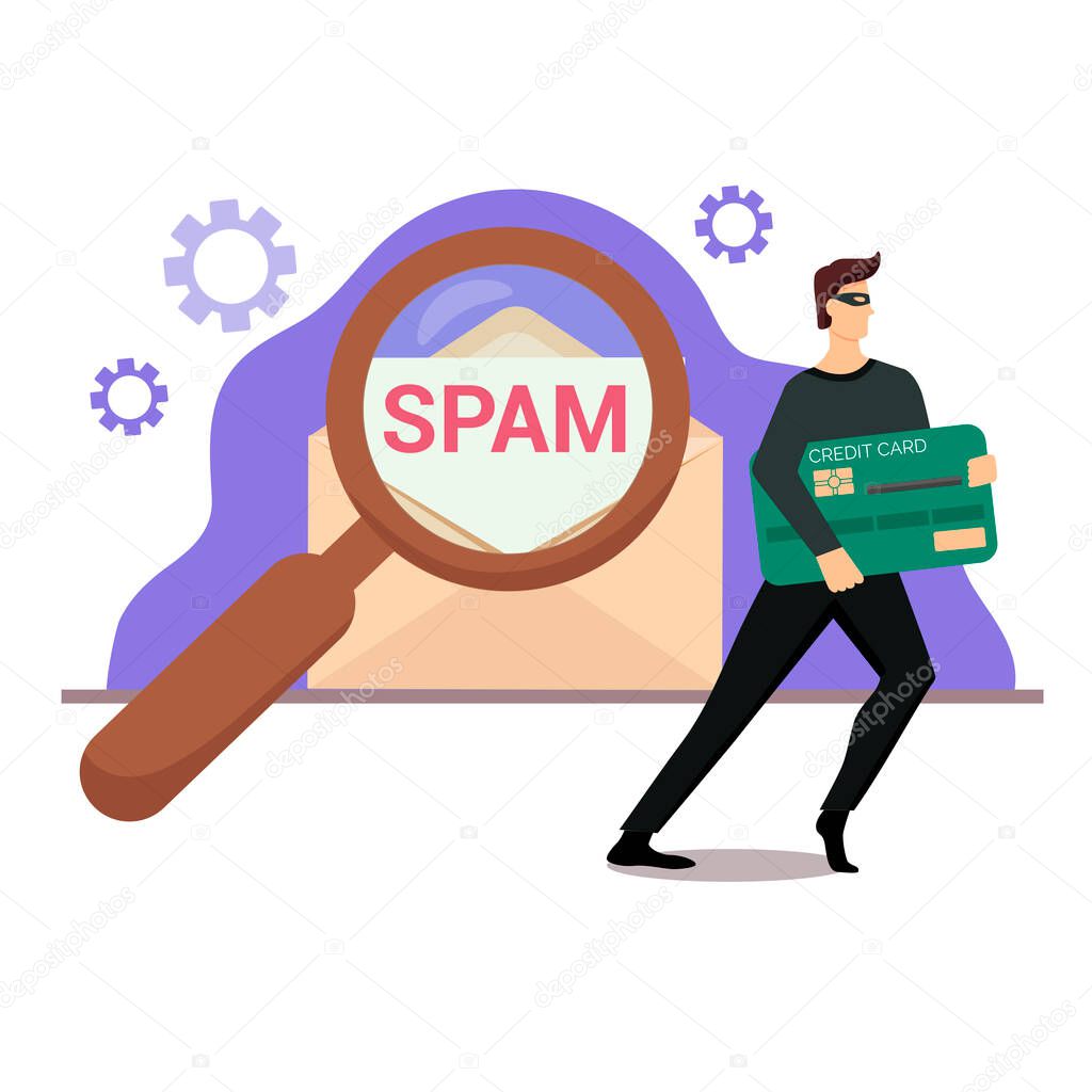 Vector illustration on the topic of online fraud, cyber security. Spam message from fraudster, money, bank card, passwords. Trend illustration in flat style