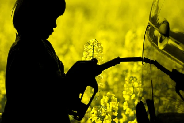 Biocarburant - enfant ravitailler une voiture — Photo