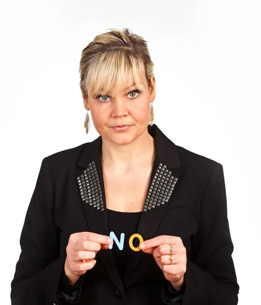 Studio portrait of a cute blond girl holding two letters forming — Stock Photo, Image