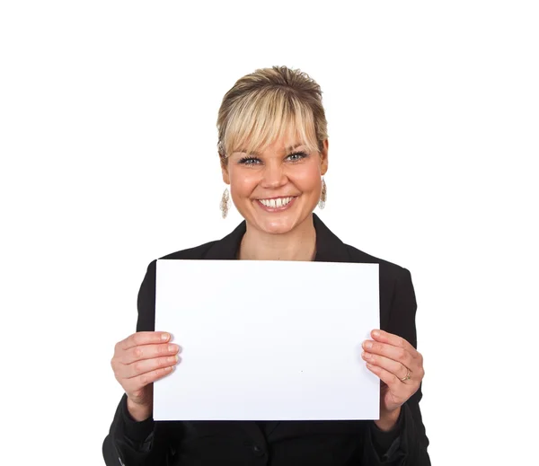 Portret ładny blond dziewczyna trzyma kawałek papieru — Zdjęcie stockowe