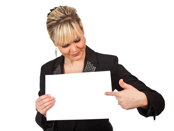 Studio portrait of a cute blond girl holding a piece of paper — Stock Photo, Image