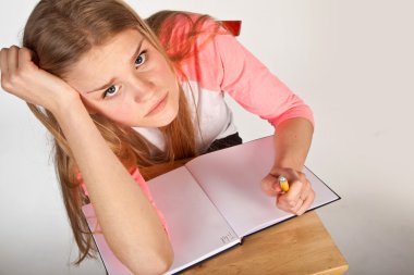 Bored scandinavian cute young girl looking for inspiration  when clipart