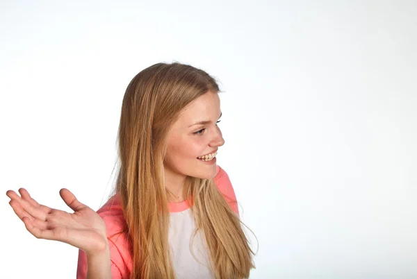 Scandinavian cute young girl waving with her hand — Stock Photo, Image