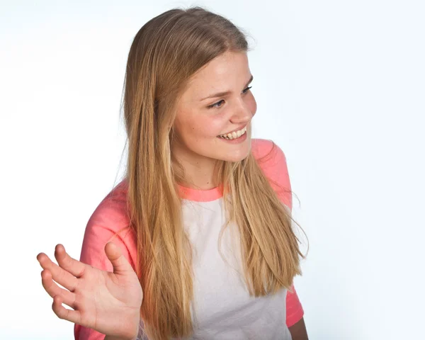 Escandinava linda joven saludando con su mano —  Fotos de Stock