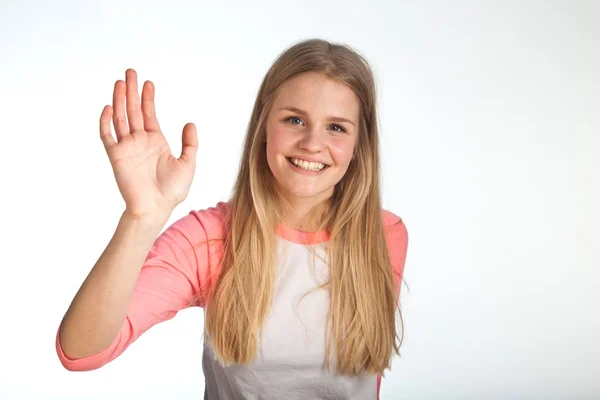 Escandinava linda joven saludando con su mano —  Fotos de Stock
