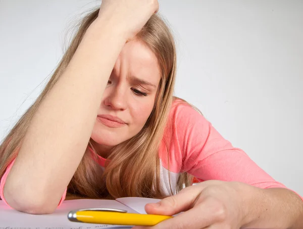 Bored scandinavian cute young girl looking for inspiration  when — Stock Photo, Image