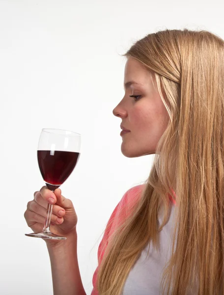Scandinavian cute young girl drinking wine — Stock Photo, Image