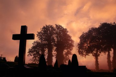 Danimarka'da bir mezarlığı bir automn gün içinde erken sabah sis ile sıcak turuncu güneş