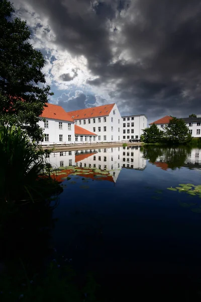 Reflexion Traditional Building Built Front Lake Denmark — Stock Photo, Image