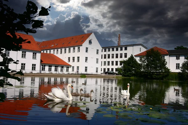 Reflet Bâtiment Traditionnel Construit Face Lac Danemark — Photo