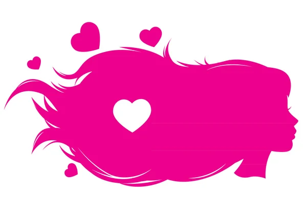 Silhouette eines Mädchens mit rosa Haaren und Herzen — Stockvektor