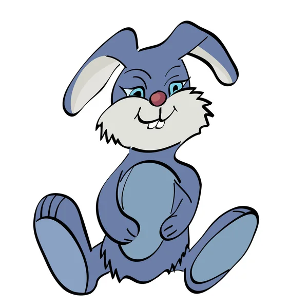 Feliz coelho azul sorrindo dentes brancos e segurando patas barriga — Vetor de Stock