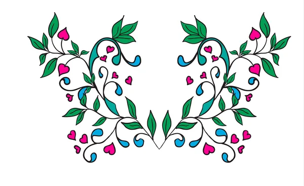 Vector ornament with green leaves and hearts — Stock Vector