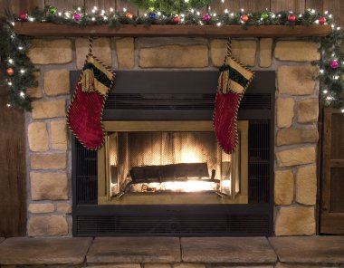 Christmas Fireplace Hearth and Stockings Landscape clipart