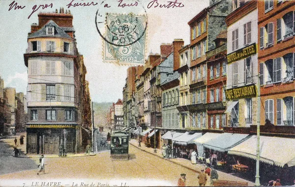 Old postcard of Le Havre, the street of Paris — Stock Photo, Image