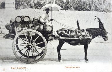 Sicilya şarabı bir gidiş eski kartpostal