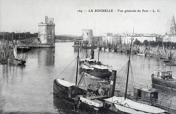 Cartão postal velho, La Rochelle, visão geral do porto — Fotografia de Stock