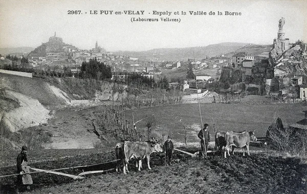 Alte Postkarte, le puy-en-velay, spaly und das Tal der Geborenen — Stockfoto