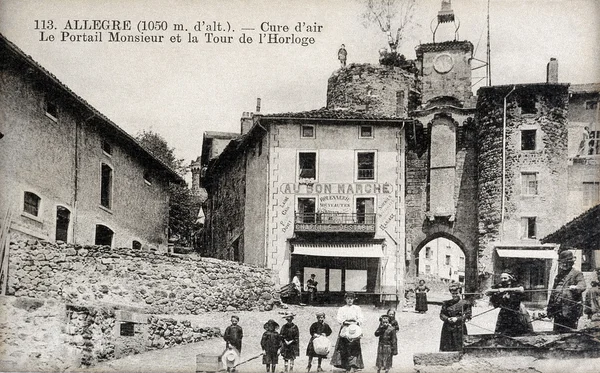 Antigua postal de Allegre, la torre del reloj — Foto de Stock