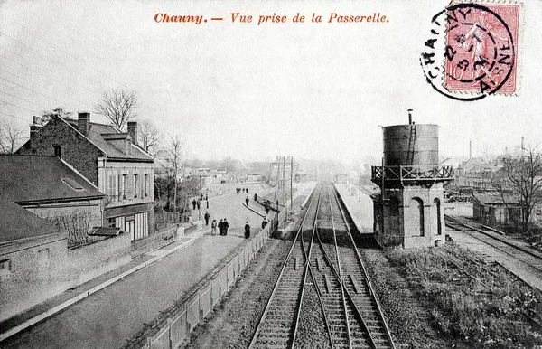 Vieja postal de Chauny, estación — Foto de Stock