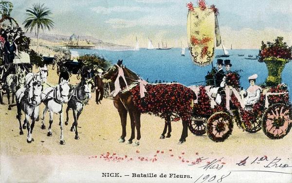 Velho cartão postal Carnaval de Nice, Batalha de Flores — Fotografia de Stock