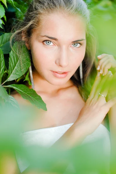 Young beautiful woman portrait among green leaves of virginia cr — Stock Photo, Image