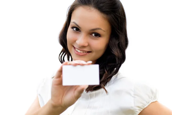 Young beautiful woman holding business card with copy space Stock Photo