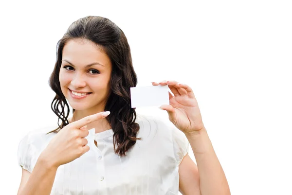 Jonge mooie vrouw houden visitekaartje — Stockfoto