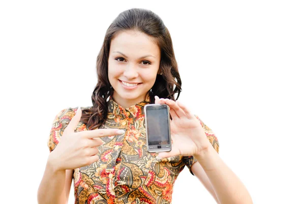 Jovem bela mulher segurando telefone de toque com espaço de cópia — Fotografia de Stock