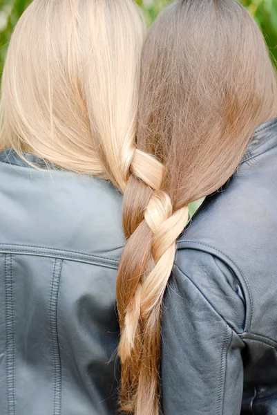 Two teenage girls having their long hair twisted — Stock Photo, Image