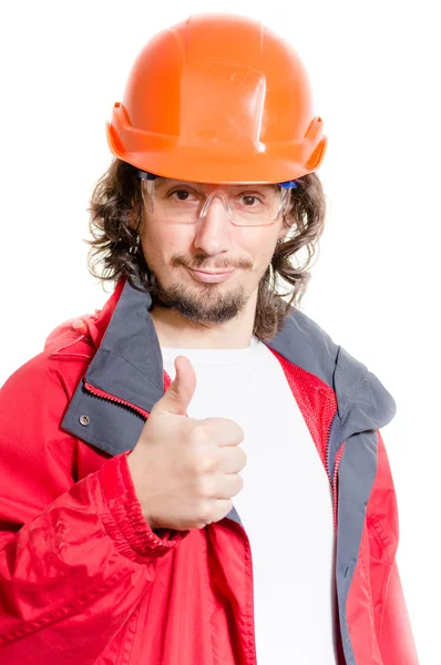 Homem arquiteto ou construtor mostrando polegar para cima sobre fundo branco — Fotografia de Stock