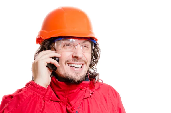 Man architector of bouwer spreken op mobiele telefoon op witte achtergrond — Stockfoto