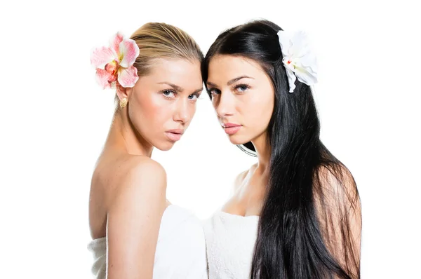 Deux belles filles avec des fleurs roses, peau parfaite et lèvres sur copyspace blanc — Photo