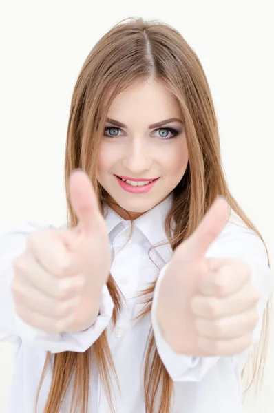 Young business woman wearing man's shirt showing thumbs up — Stock Photo, Image