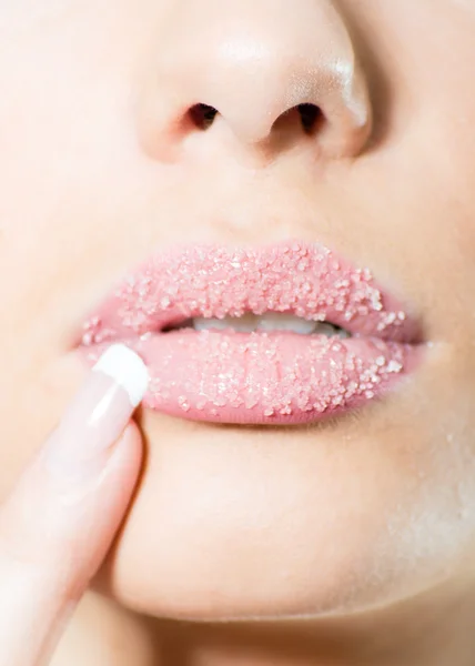 Closeup on female sweet candy sugar lips kiss — Stock Photo, Image