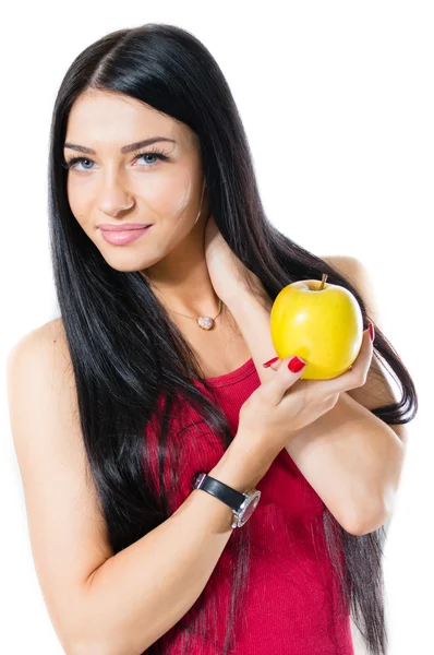 Happy young woman holding apple isolated on white background — Stock Photo, Image